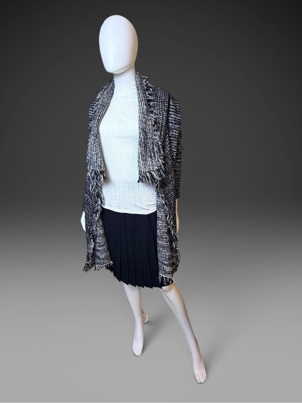 Vince Black White Fringe Open Front Sweater Coat Cardigan Large